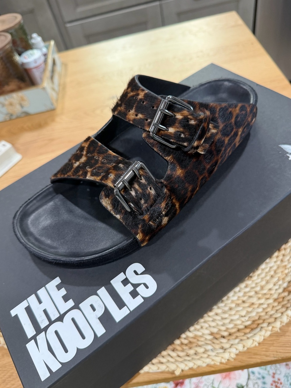 The Kooples Calf Hair Brown and Black Leopard Print Double Buckle Slide Size 38